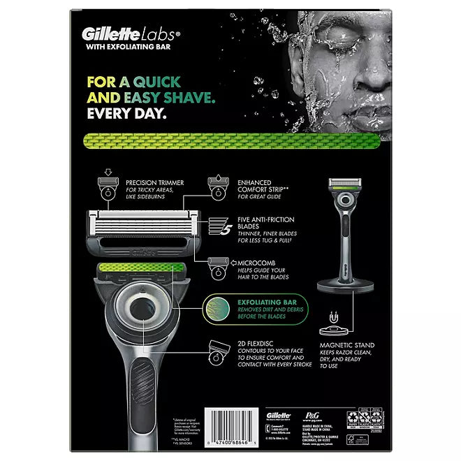 GilletteLabs Men's Razor with Exfoliating Bar - 1 Handle, 7 Refills, 1 Premium Magnetic Stand