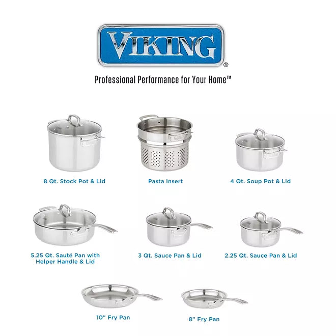 Viking 13-Piece Tri-Ply Stainless Steel Cookware Set with Glass Lids