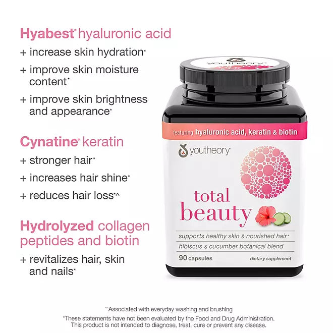 Youtheory Total Beauty Hyaluronic Acid, Keratin and Biotin Capsules 90 ct.