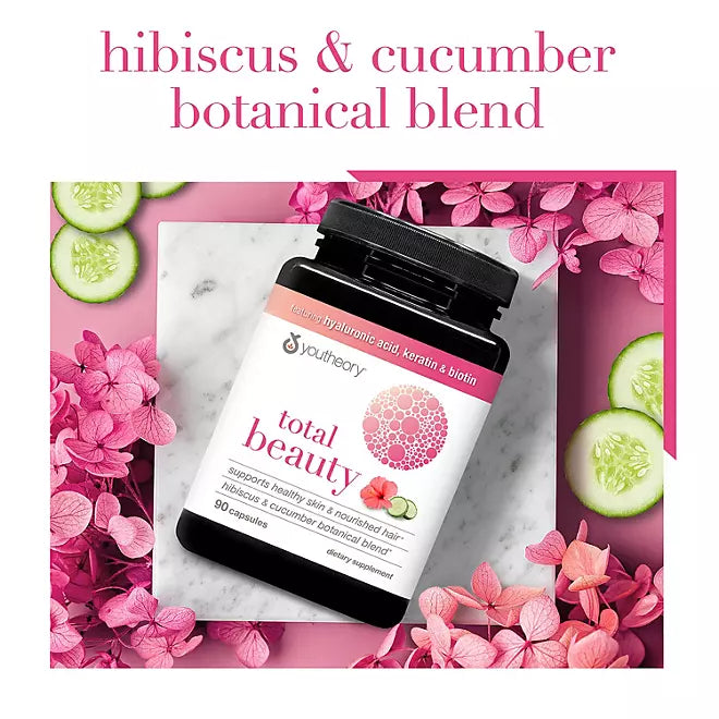 Youtheory Total Beauty Hyaluronic Acid, Keratin and Biotin Capsules 90 ct.