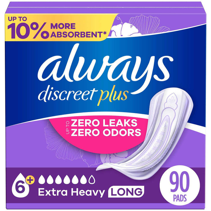 Always Discreet plus Incontinence Pads for Women, Extra Heavy Long, 90 ct.