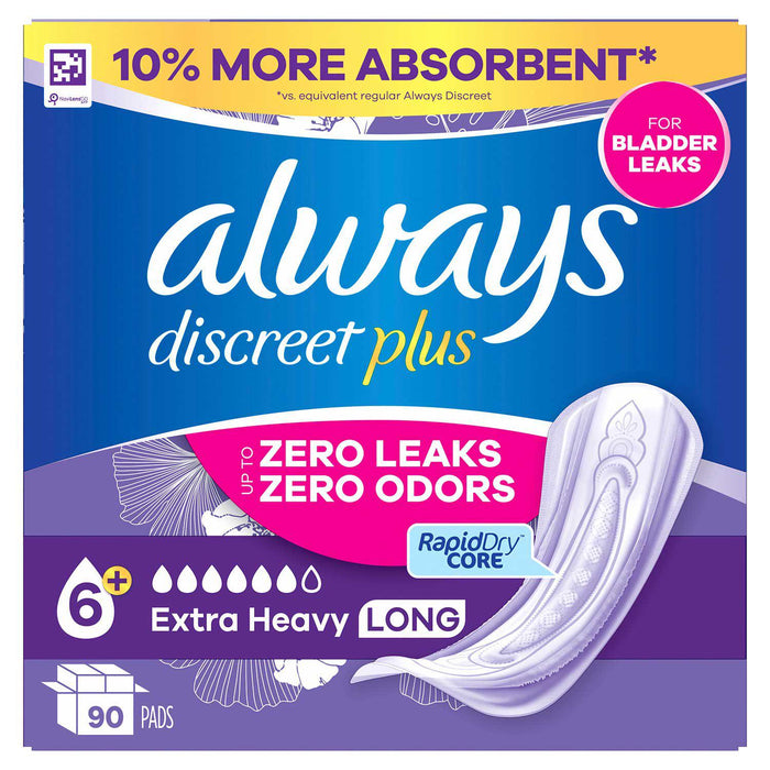 Always Discreet plus Incontinence Pads for Women, Extra Heavy Long, 90 ct.