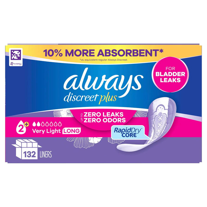 Always Discreet plus Incontinence Liners for Women, Very Light Long, 132 ct.