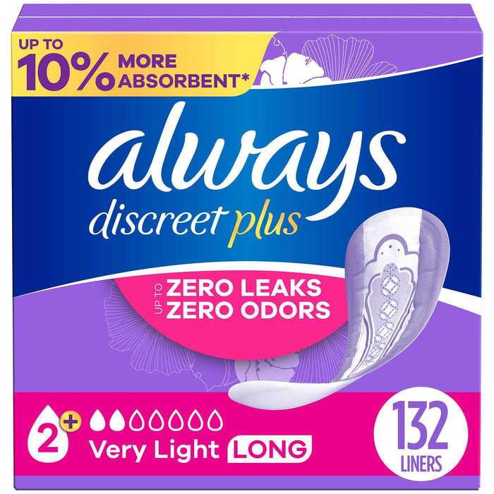 Always Discreet plus Incontinence Liners for Women, Very Light Long, 132 ct.