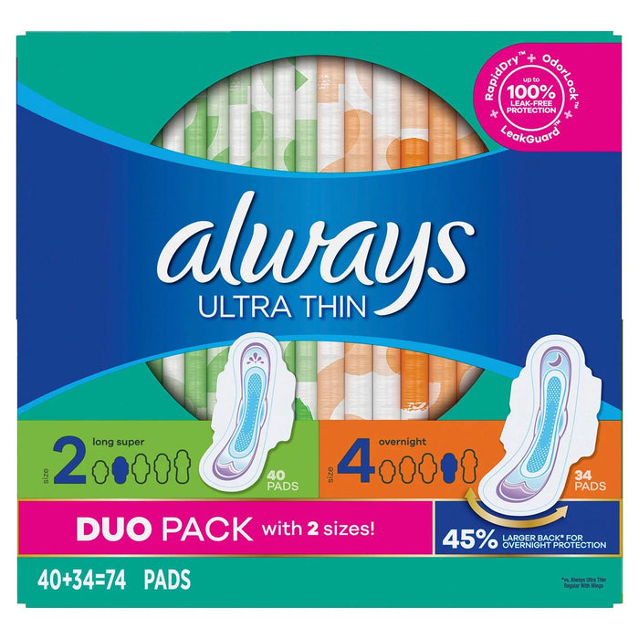 Always Ultra Thin Pads Duo Pack, 74 ct.