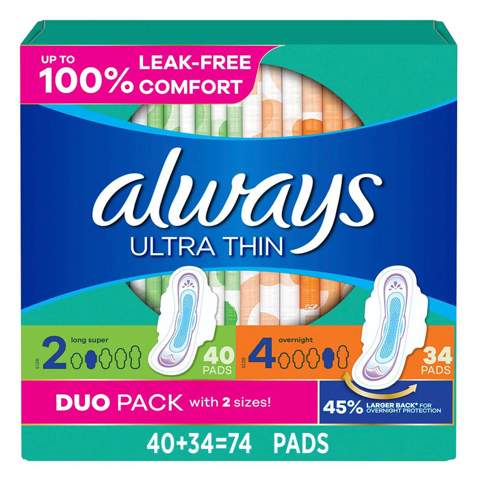 Always Ultra Thin Pads Duo Pack, 74 ct.