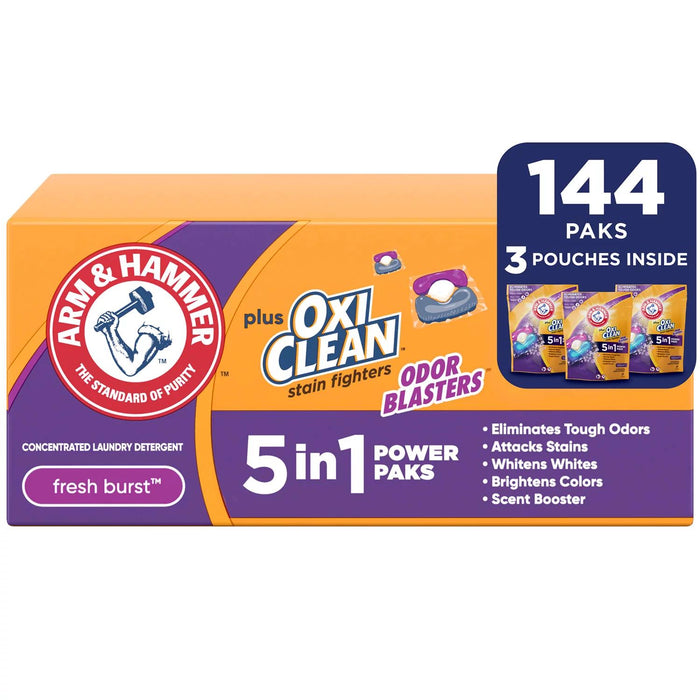 Arm and Hammer OxiClean + Odor Blasters 5-in-1 Laundry Power Paks, Fresh Burst Scent, 144 ct.