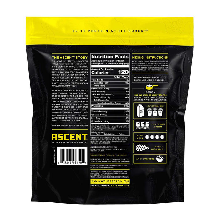 Ascent 100% Whey, Native Whey Protein Blend, Vanilla Bean, 4.25 lbs