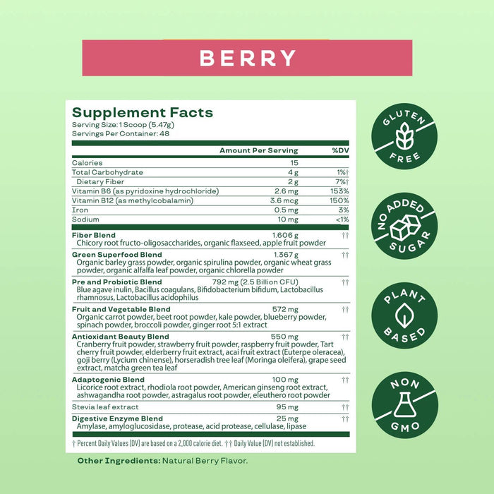 Bloom Nutrition Greens and Superfoods Powder, Berry, 0.5 lbs.