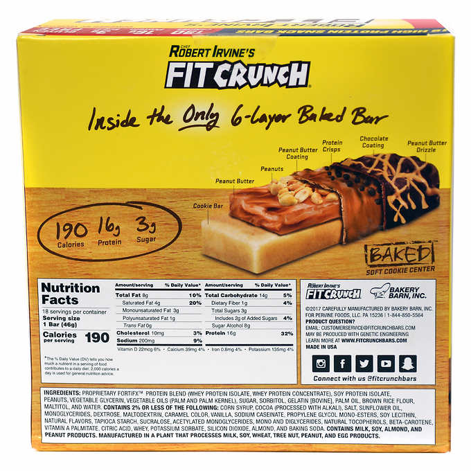 Chef Robert Irvine s Fitcrunch Chocolate Peanut Butter Whey Protein Bars, 18-count, 1.62oz