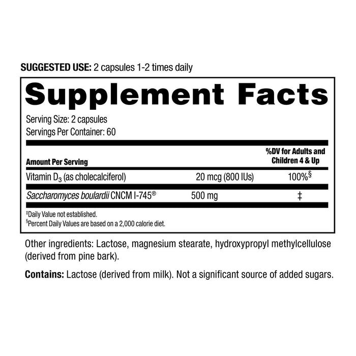 Florastor Dual Action Probiotic and Vitamin D3 Supplement Vegetarian Capsules, 120 ct.