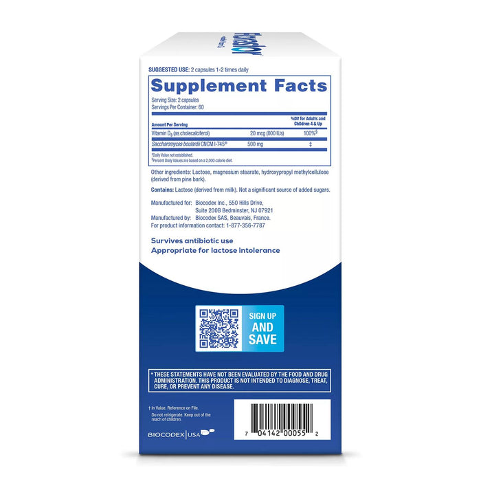 Florastor Dual Action Probiotic and Vitamin D3 Supplement Vegetarian Capsules, 120 ct.
