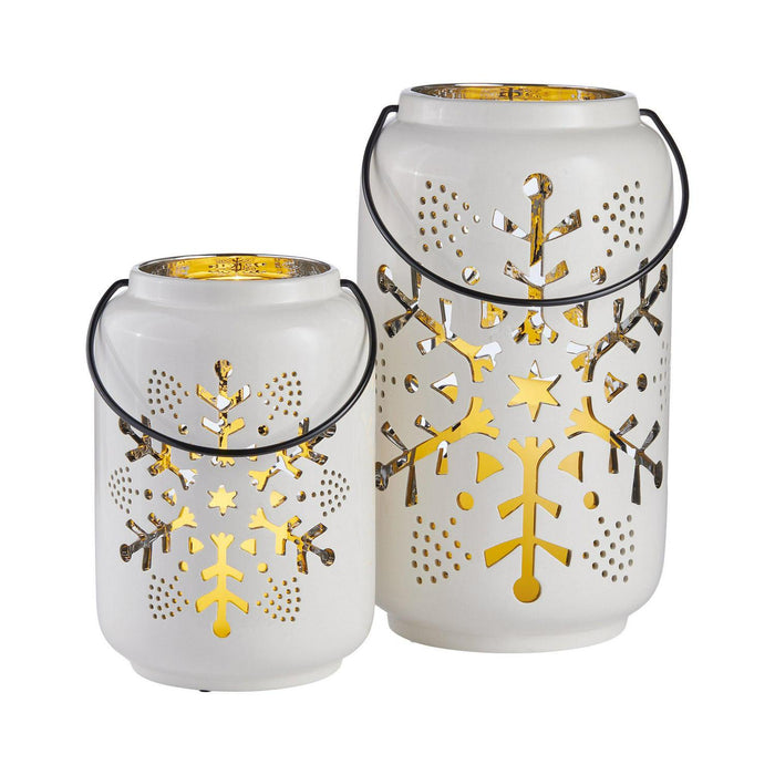 Holiday Snowflake Ceramic Lanterns with LED Candles, Set of 2