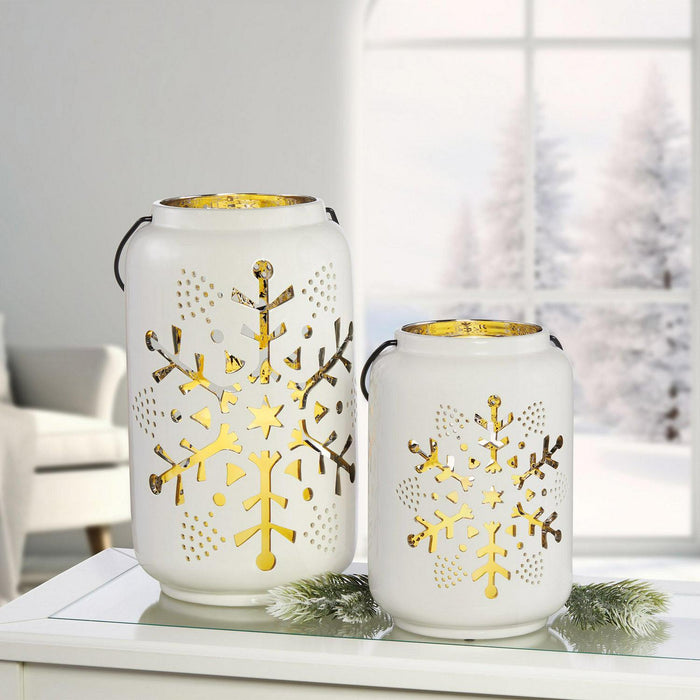 Holiday Snowflake Ceramic Lanterns with LED Candles, Set of 2