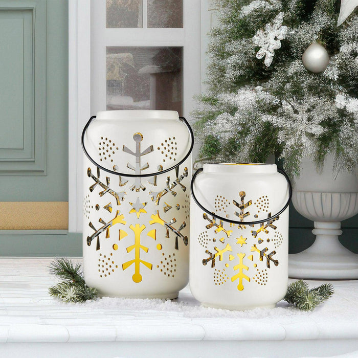 Holiday Snowflake Ceramic Lanterns with LED Candles, Set of 2