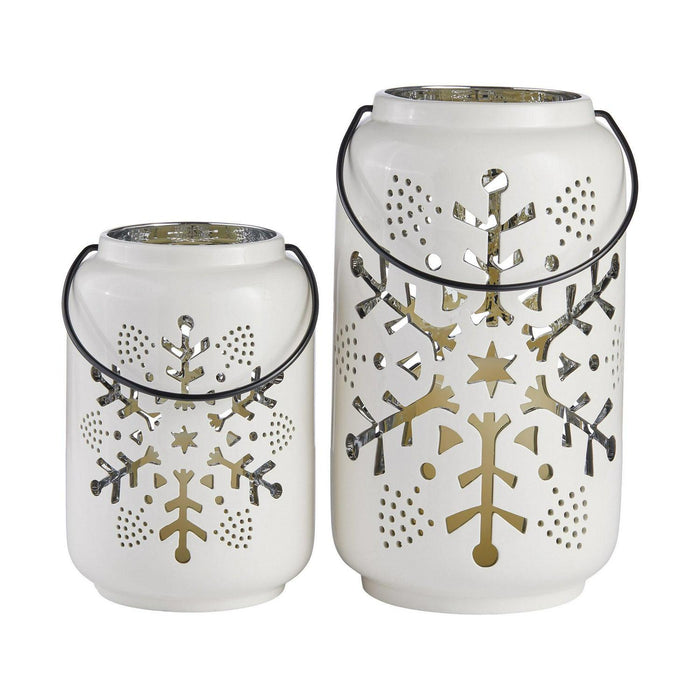 Holiday Snowflake Ceramic Lanterns with LED Candles, Set of 2