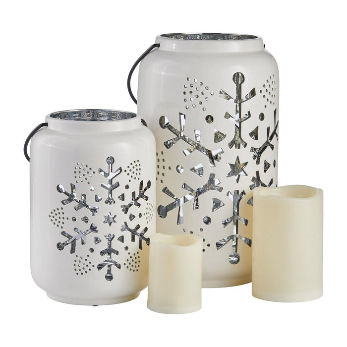 Holiday Snowflake Ceramic Lanterns with LED Candles, Set of 2