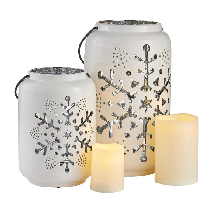 Holiday Snowflake Ceramic Lanterns with LED Candles, Set of 2