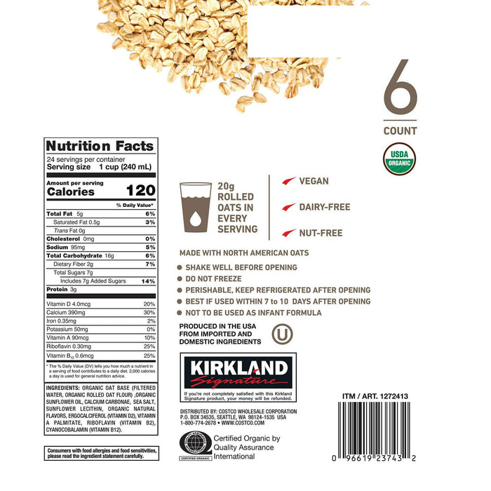 Kirkland Signature, Organic Non-Dairy Oat Beverage, 32 oz, 6-count