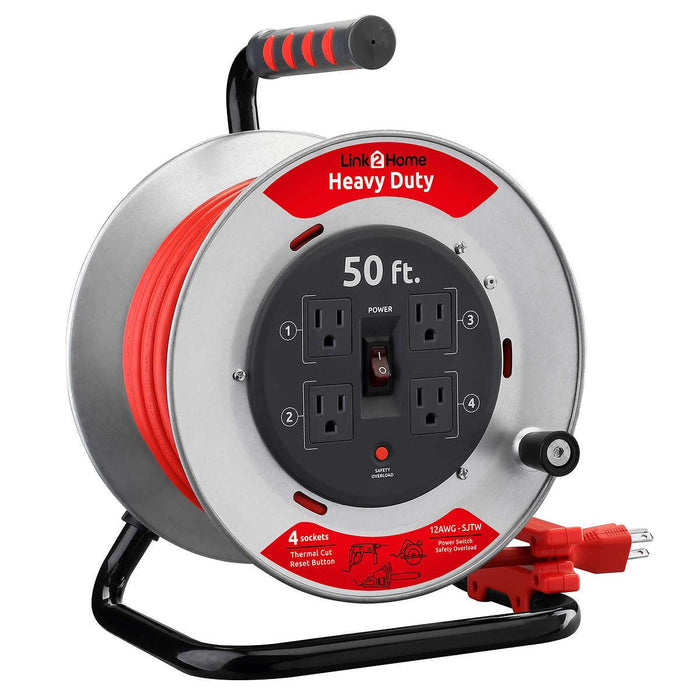 Link2Home Heavy Duty Professional Grade Metal Cord Reel High Visibility 50 ft.