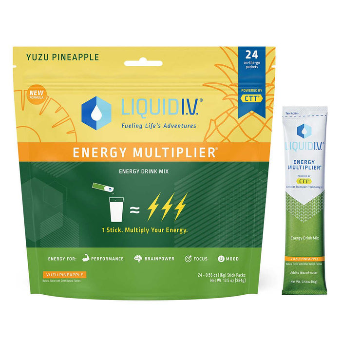 Liquid I.V. Energy Multiplier Yuzu Pineapple, 24 Individual Serving Stick Packs Resealable Pouch