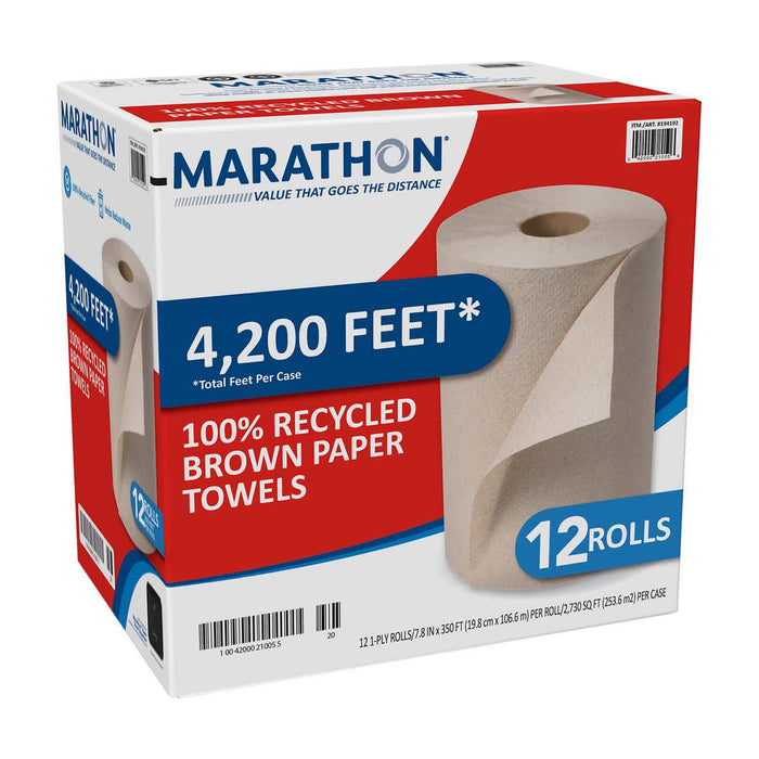 Marathon 100% Recycled Paper Towel, Brown, 1-Ply, 350 ft Rolls, 12-count