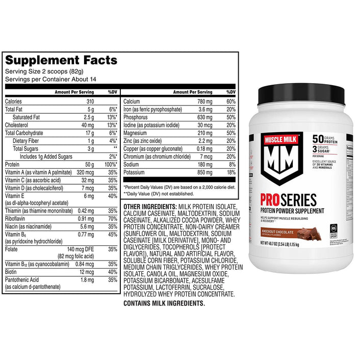 Muscle Milk Pro Series 50g Whey Protein Powder, Knockout Chocolate 2.54 lbs.