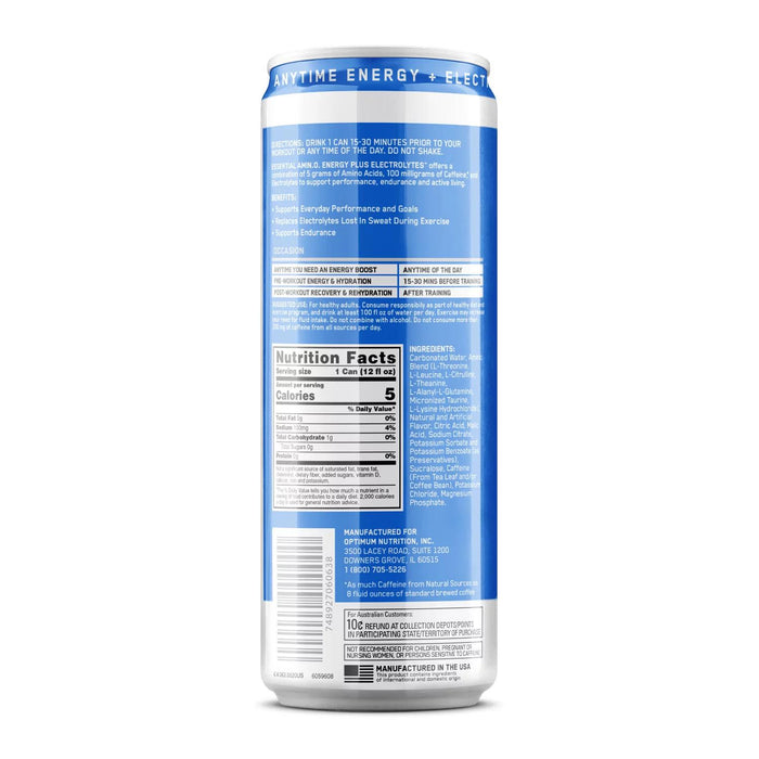 Optimum Nutrition Essential Amino Energy + Electrolytes Sparkling Hydration Drink, Blueberry Lemonade 12 ct.