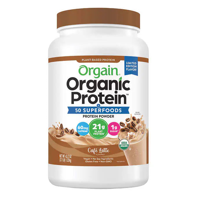 Orgain Organic Protein and Superfoods Plant Based Protein Powder, Cafe Latte, 2.7 lbs
