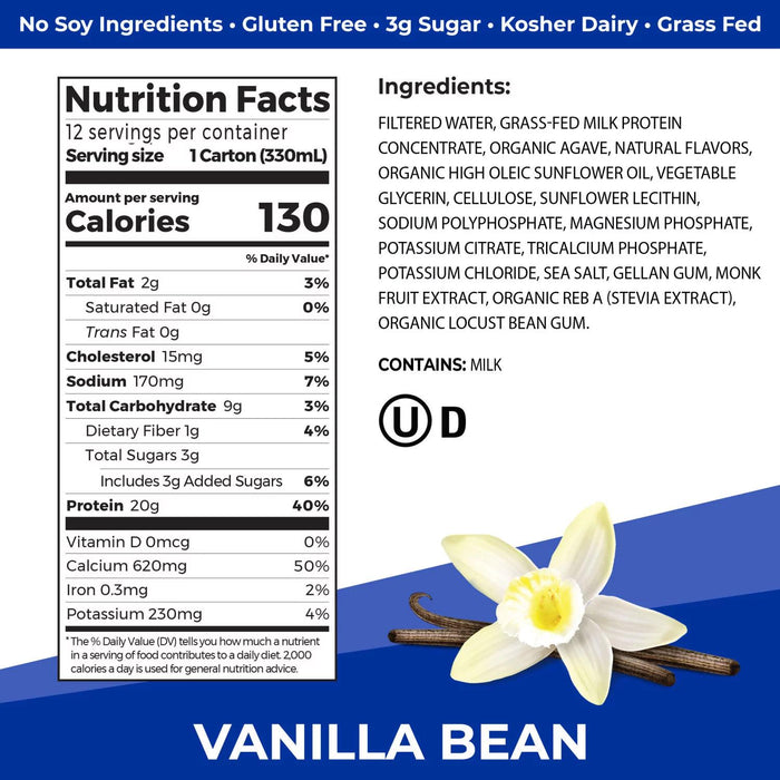 Orgain 20g Clean Protein Grass-Fed Protein Shake, Vanilla Bean 11 fl. oz., 12 pk.