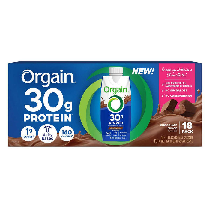 Orgain 30g Protein Shake, Chocolate Fudge, 11 fl oz, 18-pack