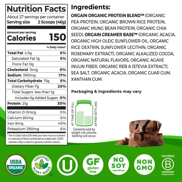 Orgain Organic 21g Plant-Based Protein Powder, Creamy Chocolate Fudge 2.74 lbs.