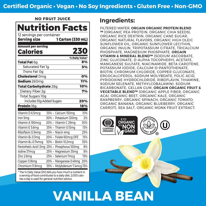Orgain Organic Nutrition 16g Vegan Plant Based Protein Shake, Vanilla Bean 11 fl. oz., 12 ct.