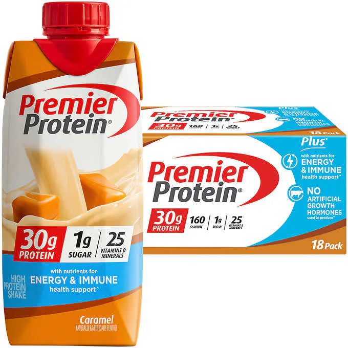 Premier 30g Protein PLUS Energy and Immune Support Shakes, Caramel, 11 fl oz, 18-pack