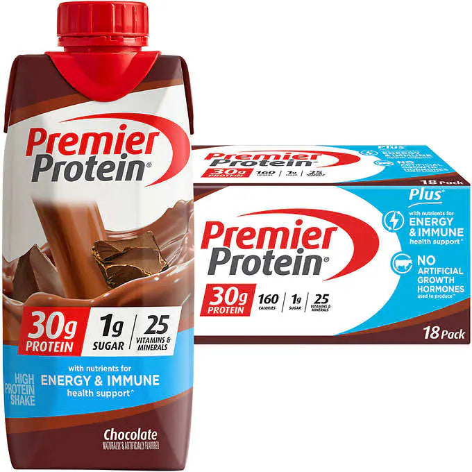 Premier 30g Protein PLUS Energy and Immune Support Shakes, Chocolate, 11 fl oz, 18-pack