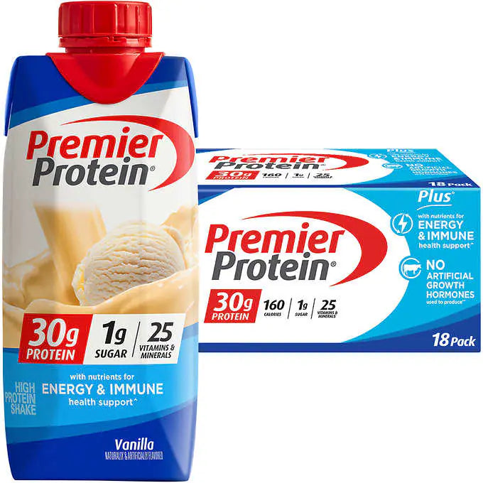 Premier 30g Protein PLUS Energy and Immune Support Shakes, Vanilla, 11 fl oz, 18-pack