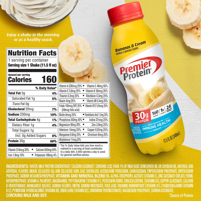 Premier Protein Shake, Bananas and Cream, 30g Protein, 11.5 fl oz, 12 Ct