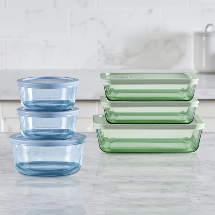 Pyrex Simply Store Tinted 12-Piece Glass Food Storage Container Set, Green and Blue