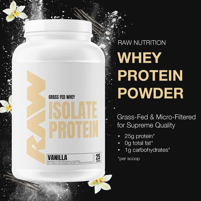 RAW Nutrition 26g Grass Fed Whey Isolate Protein Powder, Vanilla,1.97 lbs.