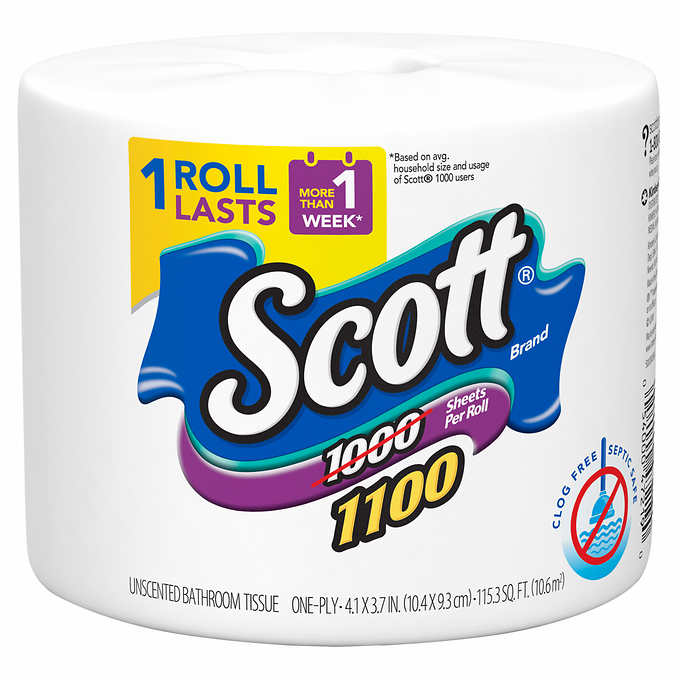 Scott Bath Tissue, 1-Ply, 1100 Sheets, 36 Rolls