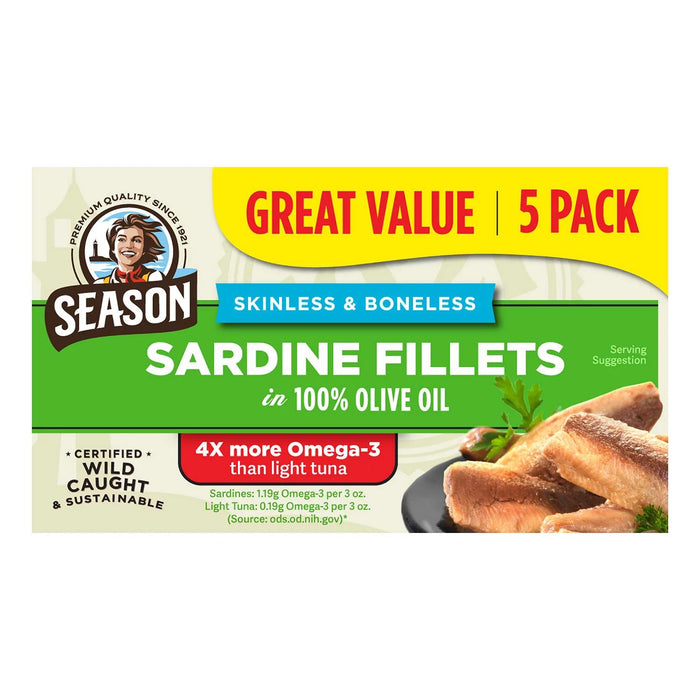 Season Skinless, Boneless Sardines in Olive Oil, 4.375 oz., 5 pk.