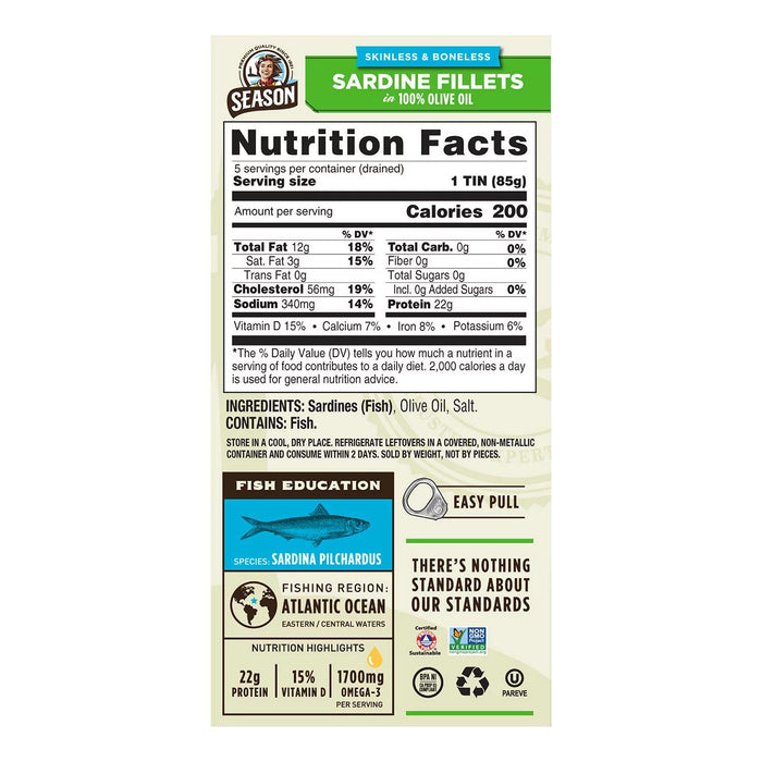Season Skinless, Boneless Sardines in Olive Oil, 4.375 oz., 5 pk.