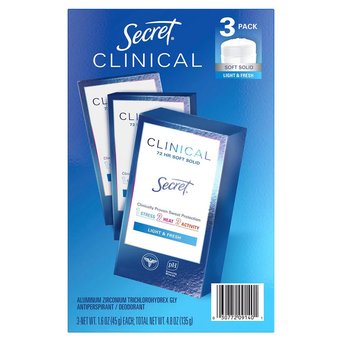 Secret Clinical Soft Solid Antiperspirant and Deodorant, Light and Fresh, 1.6 oz., 3 ct.