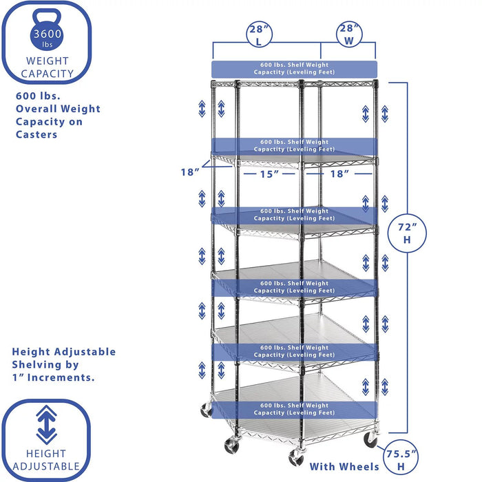 Seville Classics NSF Heavy-Duty Steel 6 Level Corner Shelf, 28 L x 28 W x 75.5 H
