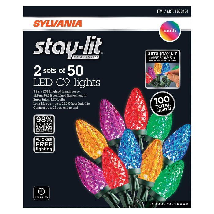 Sylvania Stay-lit C9 Multi LED Faceted Lights, 4 Strings, 50 Lights Per String