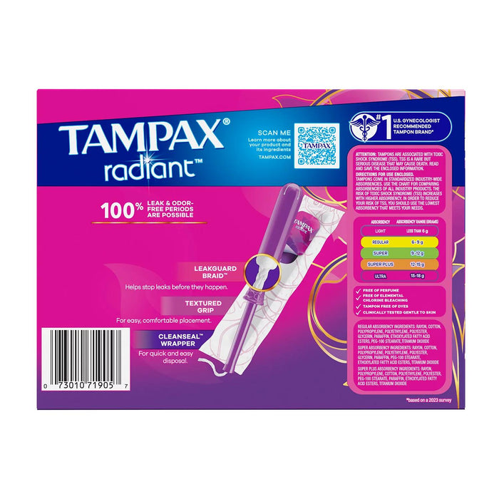 Tampax Radiant Tampons Trio Pack, Unscented, 77 ct.
