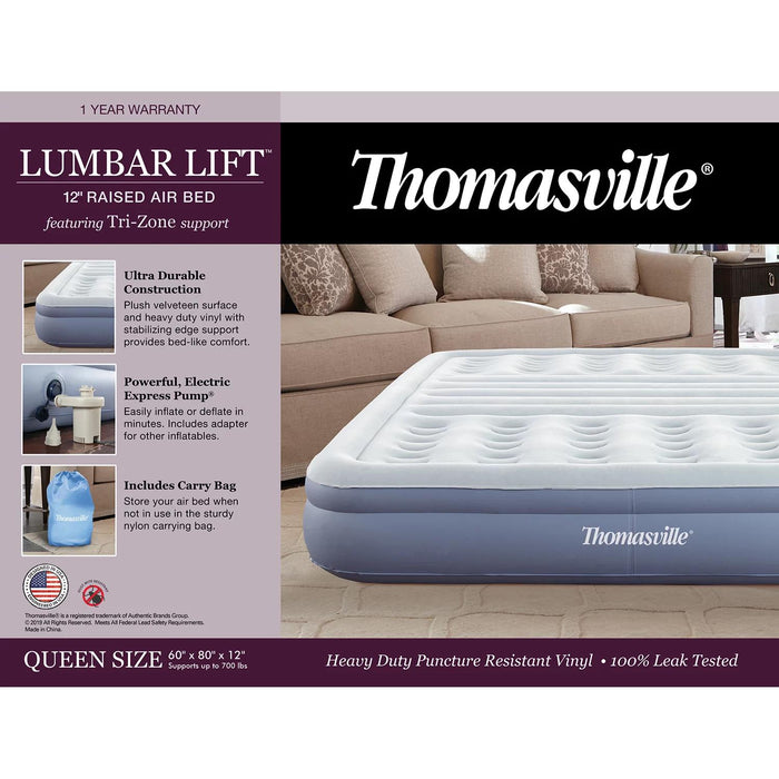 Thomasville 12 Lumbar Lift Inflatable Air Bed Mattress with Pump, Queen