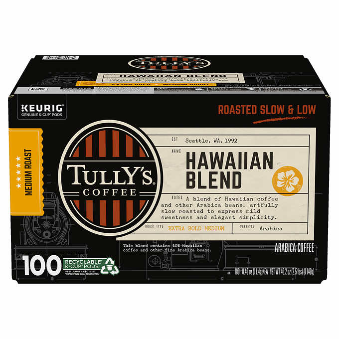Tully's Coffee Hawaiian Blend K-Cups Packs, 100 ct