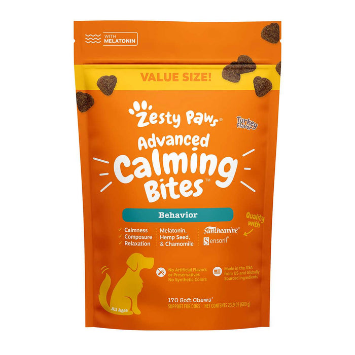 Zesty Paws Advanced Calming Bites with Melatonin for Dogs, Turkey Flavor, 170-count