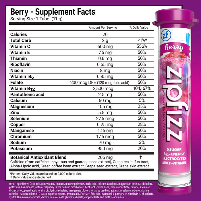 Zipfizz Energy Multi-Vitamin Hydration Drink Mix, Berry, 20 ct.